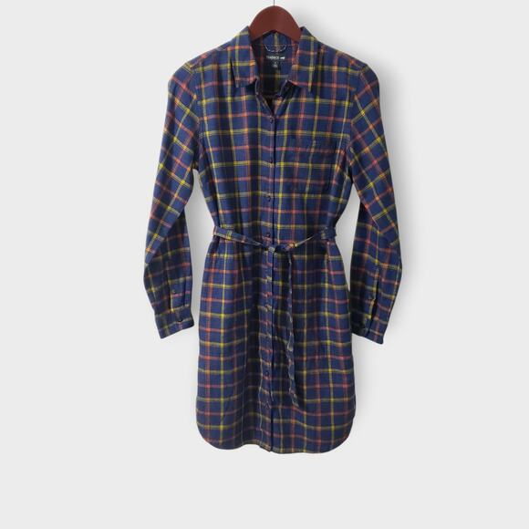 Toad&CO Re-Form Flannel Shirtdress Navy Blue Plaid Button Front Sz Small Casual - Picture 1 of 13